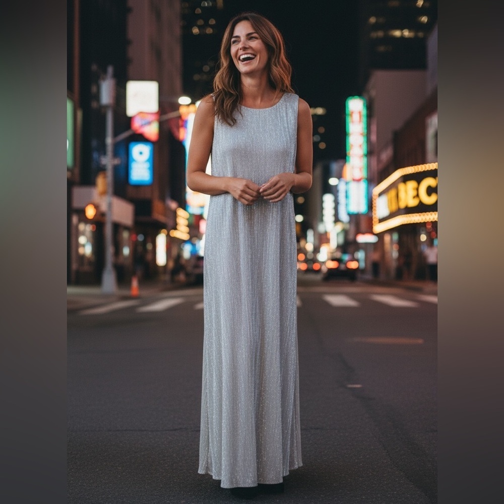 DKNY Silver Metallic Shimmering Maxi Dress Formal Wedding Black Tie Events Sz M